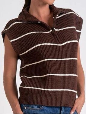 Elan Brown and Cream Striped Sleeveless V-Neck Sweater Vest